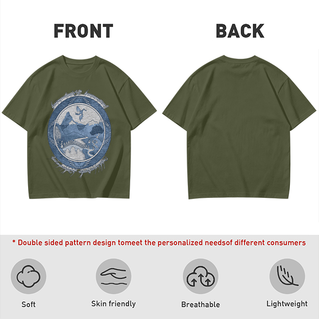 Olive T-Shirt With Fantasy Mountain Landscape Dragon Print