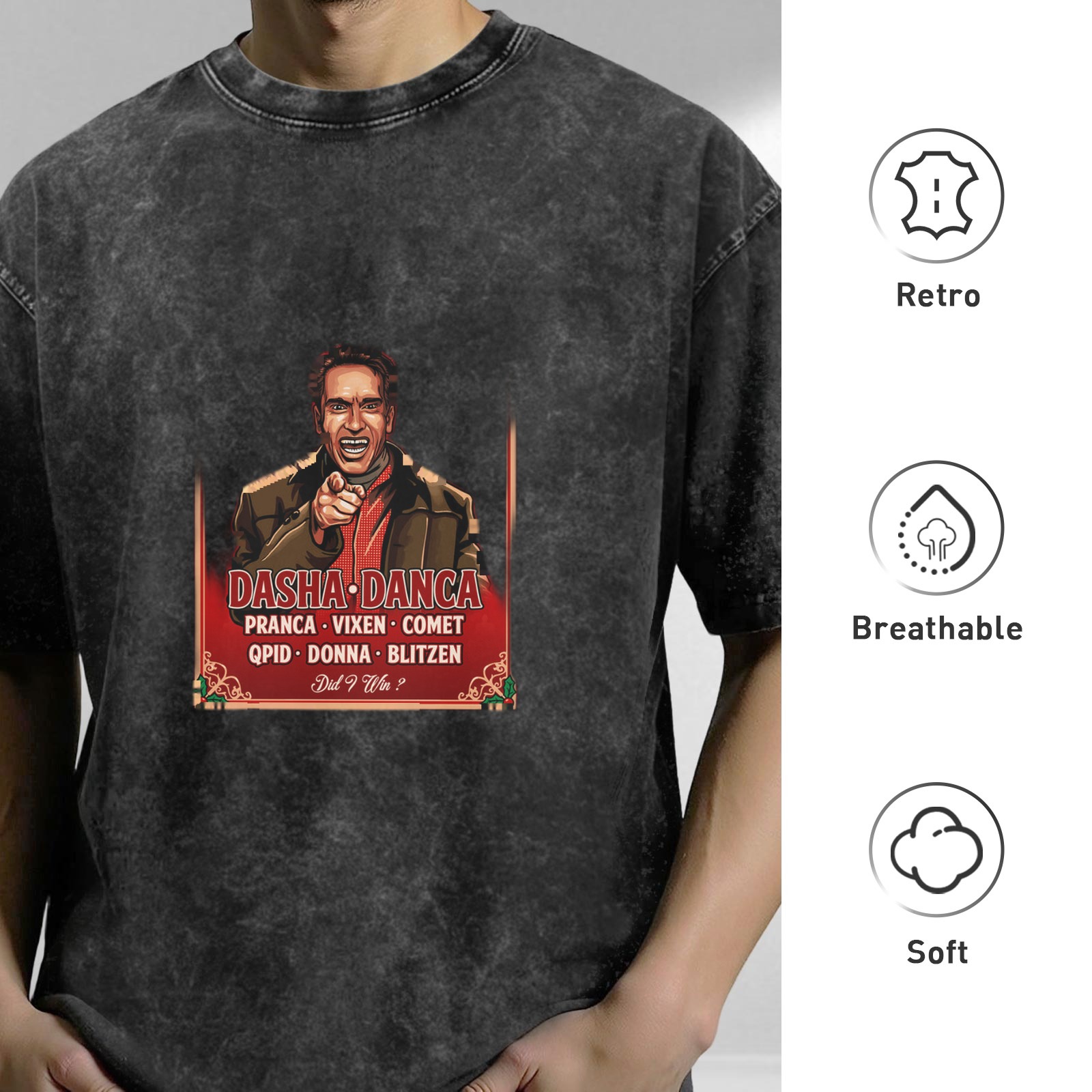 Oversized dark wash t-shirt with Dasha Danca reindeer names graphic