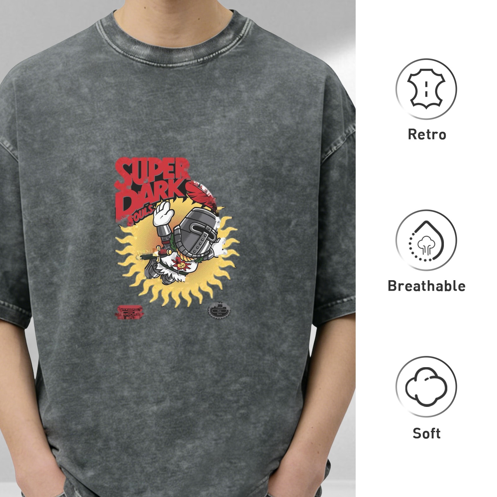 Distressed washed black loose short-sleeved T-shirt Game themed print Dark Souls Sun Knight design