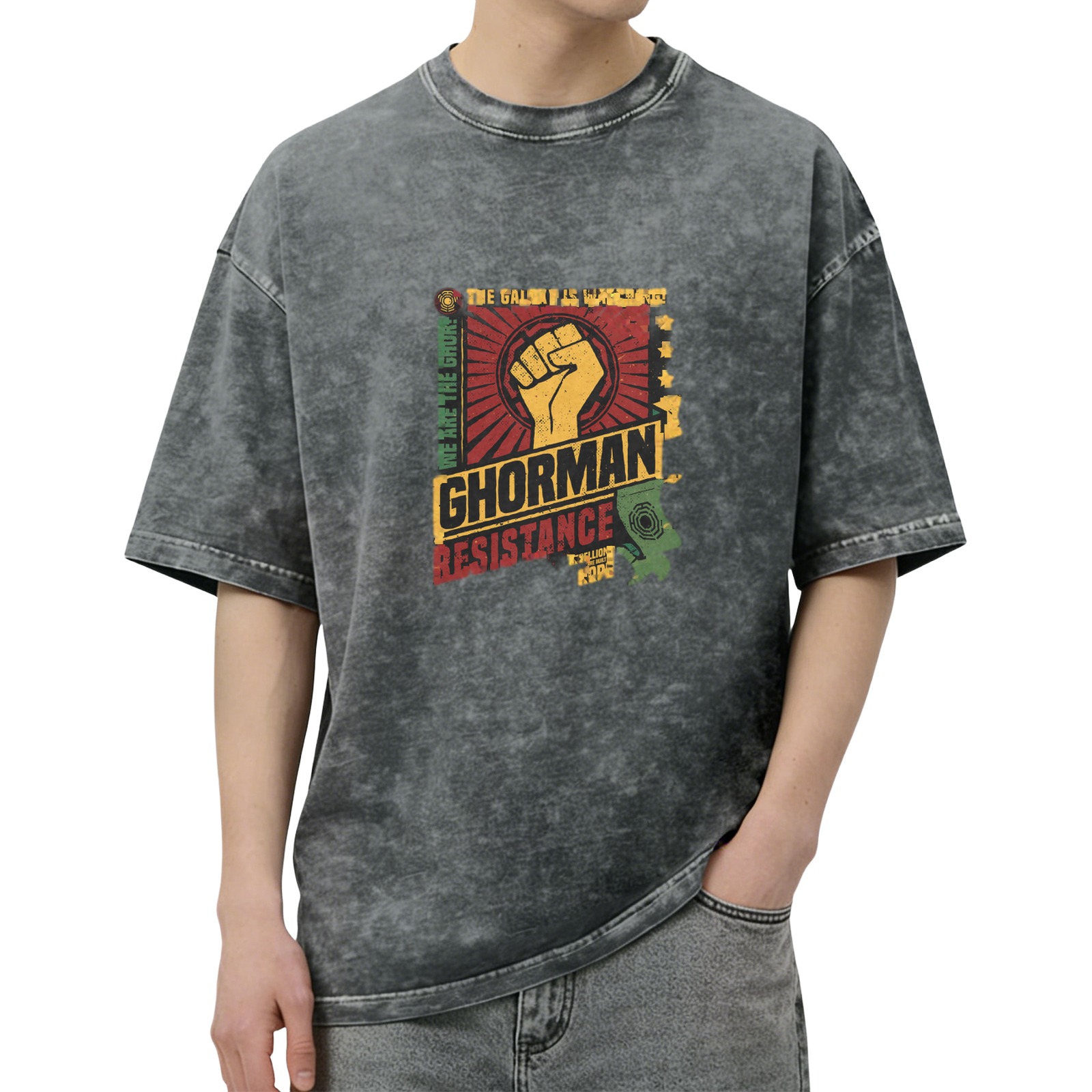 Ghorman Resistance Fist Graphic Acid-Wash Oversized T-Shirt