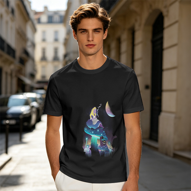 Olive T-Shirt with Alice in Wonderland Galaxy Mushroom Art