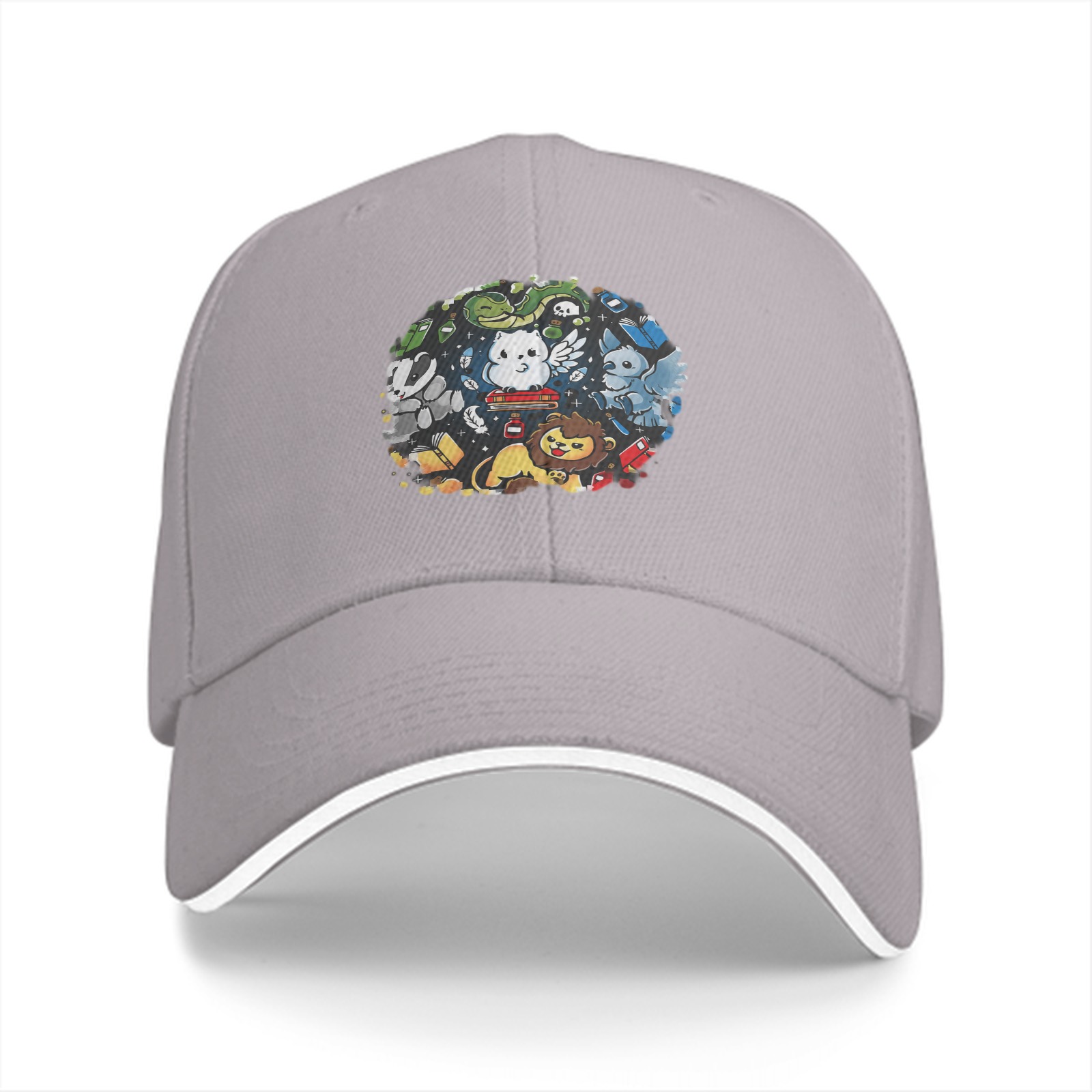 Black Baseball Cap With Cute Magical Creatures Graphic Design