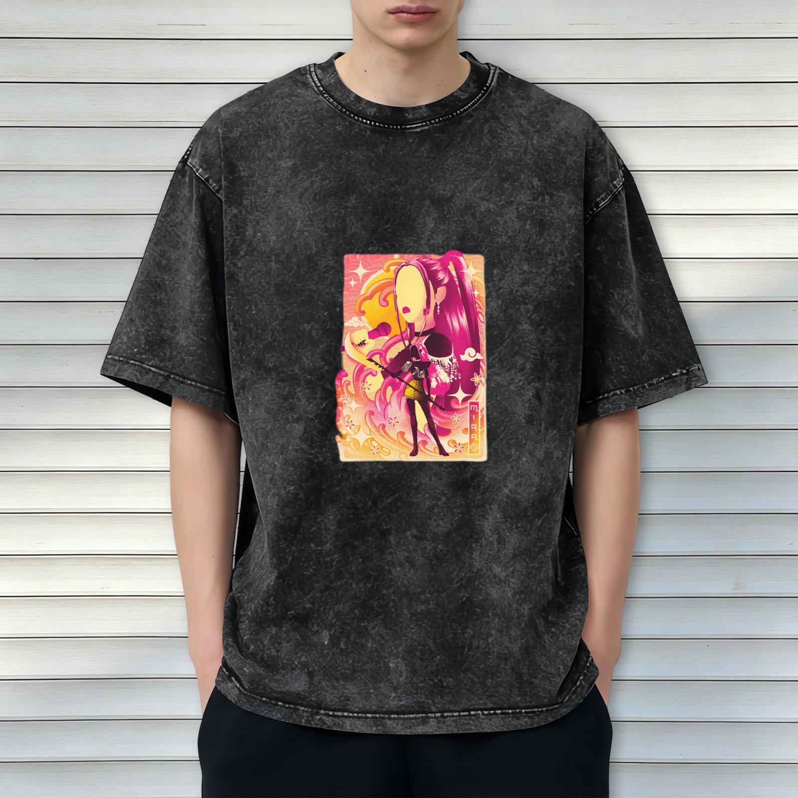 Oversized Acid Wash T-Shirt With Anime Style Graphic Print