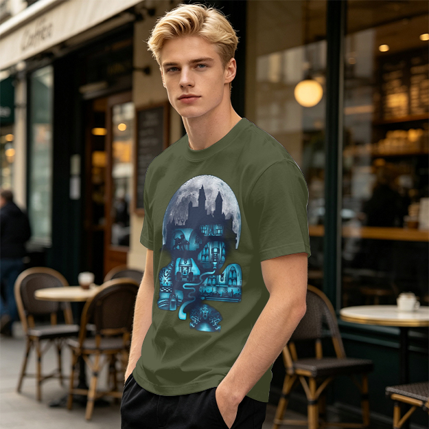 Olive T-Shirt With Glowing Castle Moon Night Graphic Print