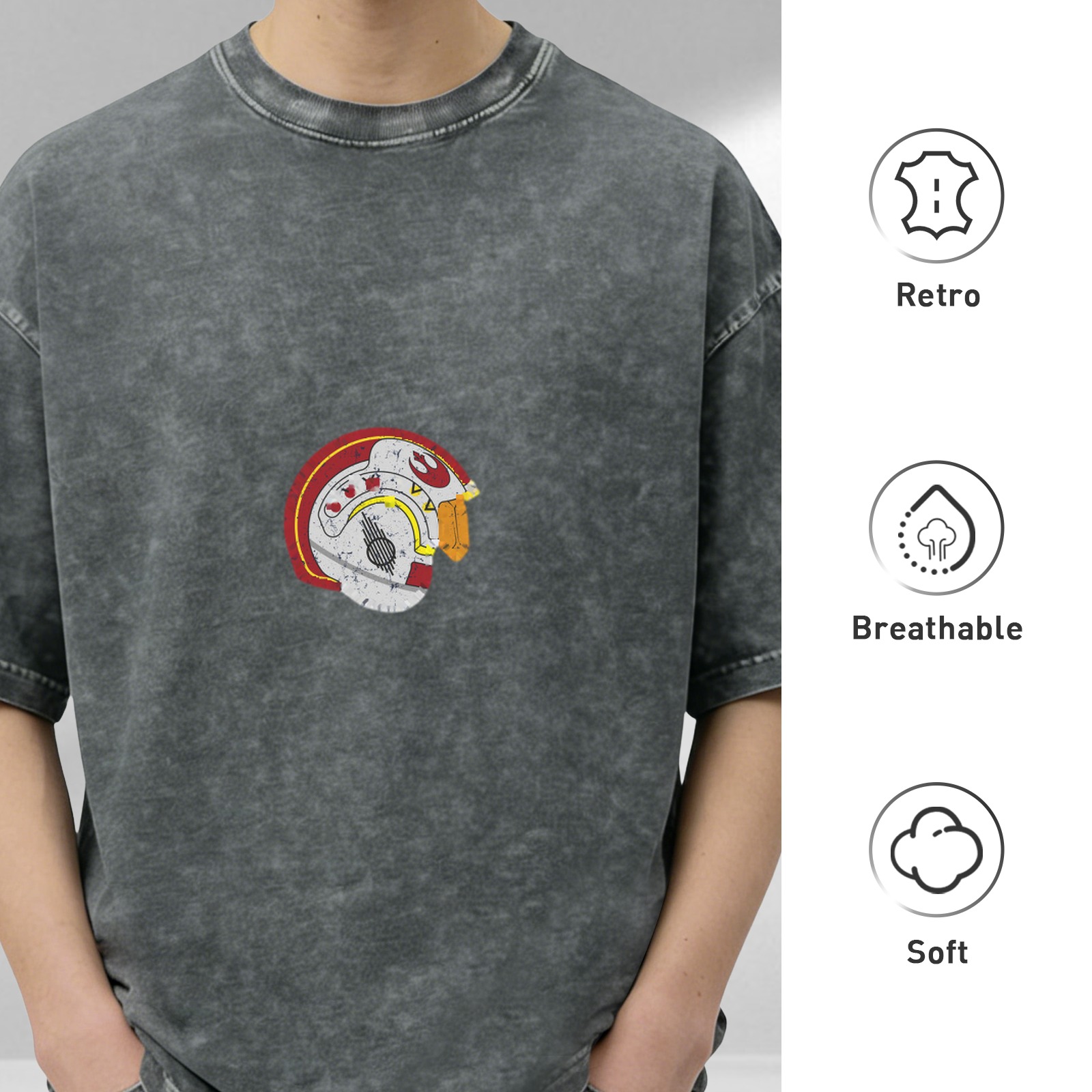 Oversized Dark Wash T-Shirt With Rebel Pilot Helmet Graphic
