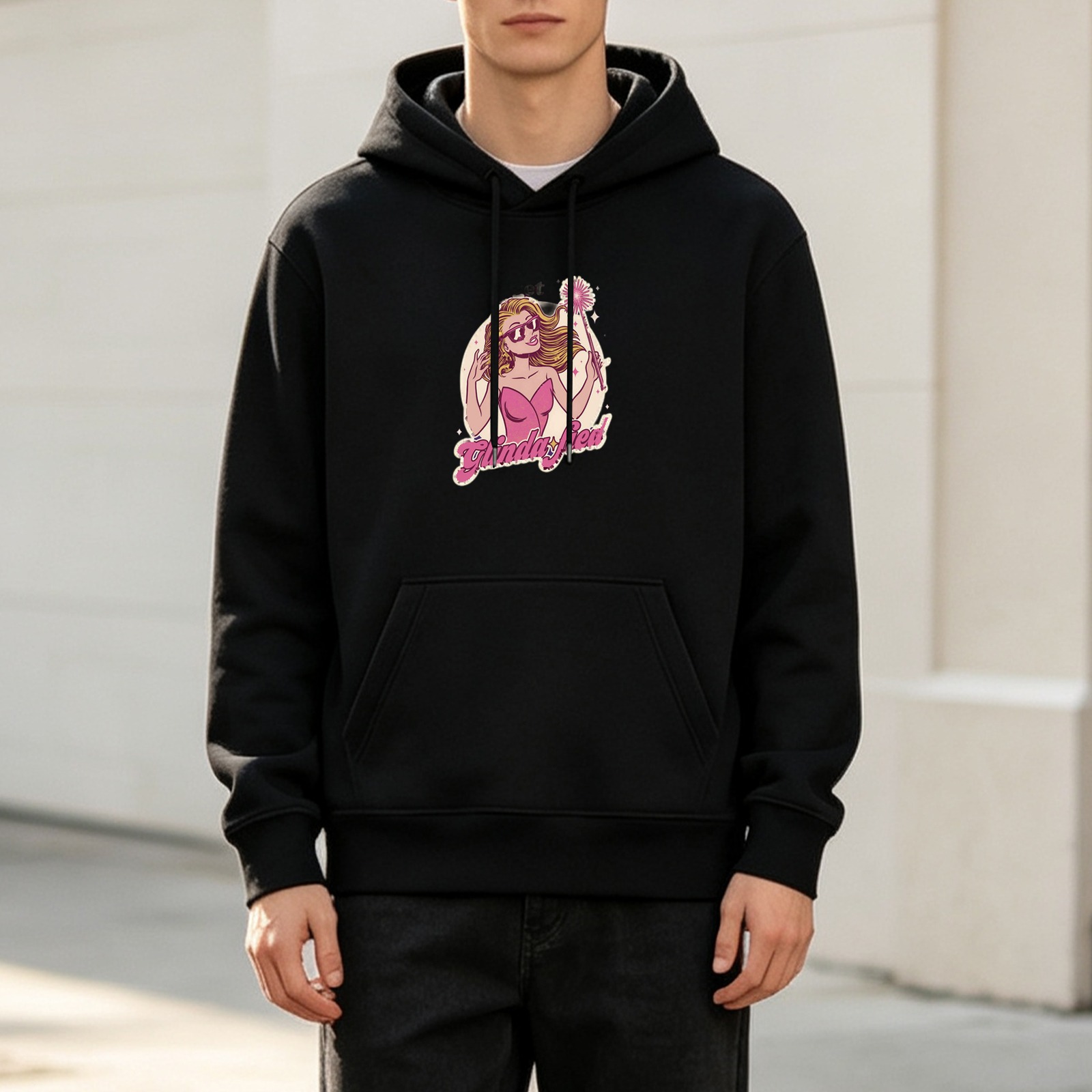 Black hoodie with Glinda-themed graphic print
