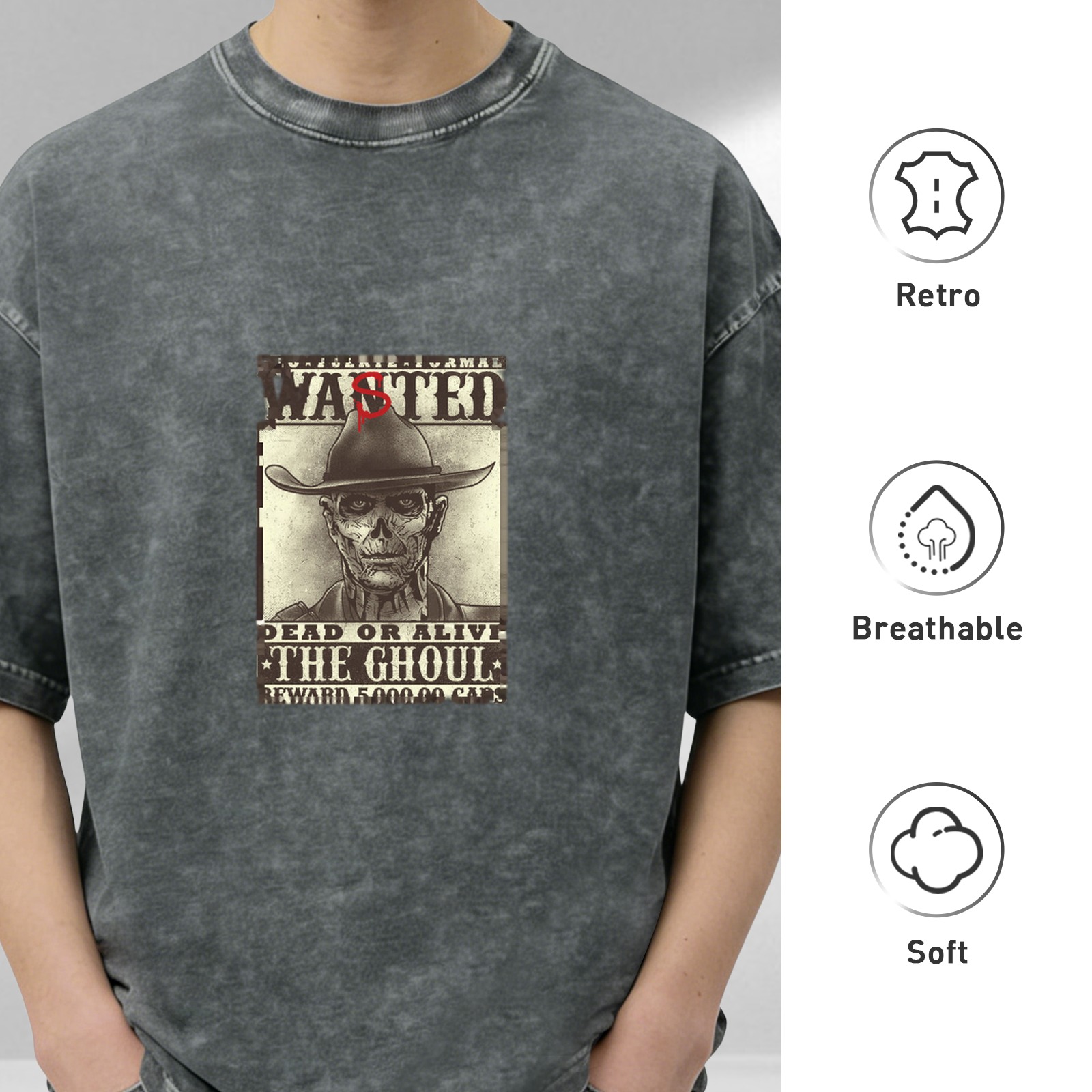 Wanted The Ghoul Graphic Acid Wash Black T-Shirt