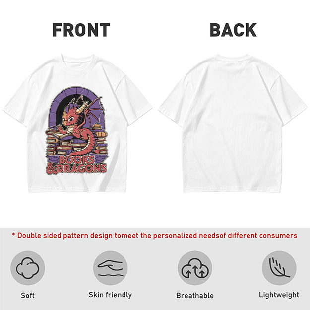 Olive t-shirt with cute red dragon reading books graphic