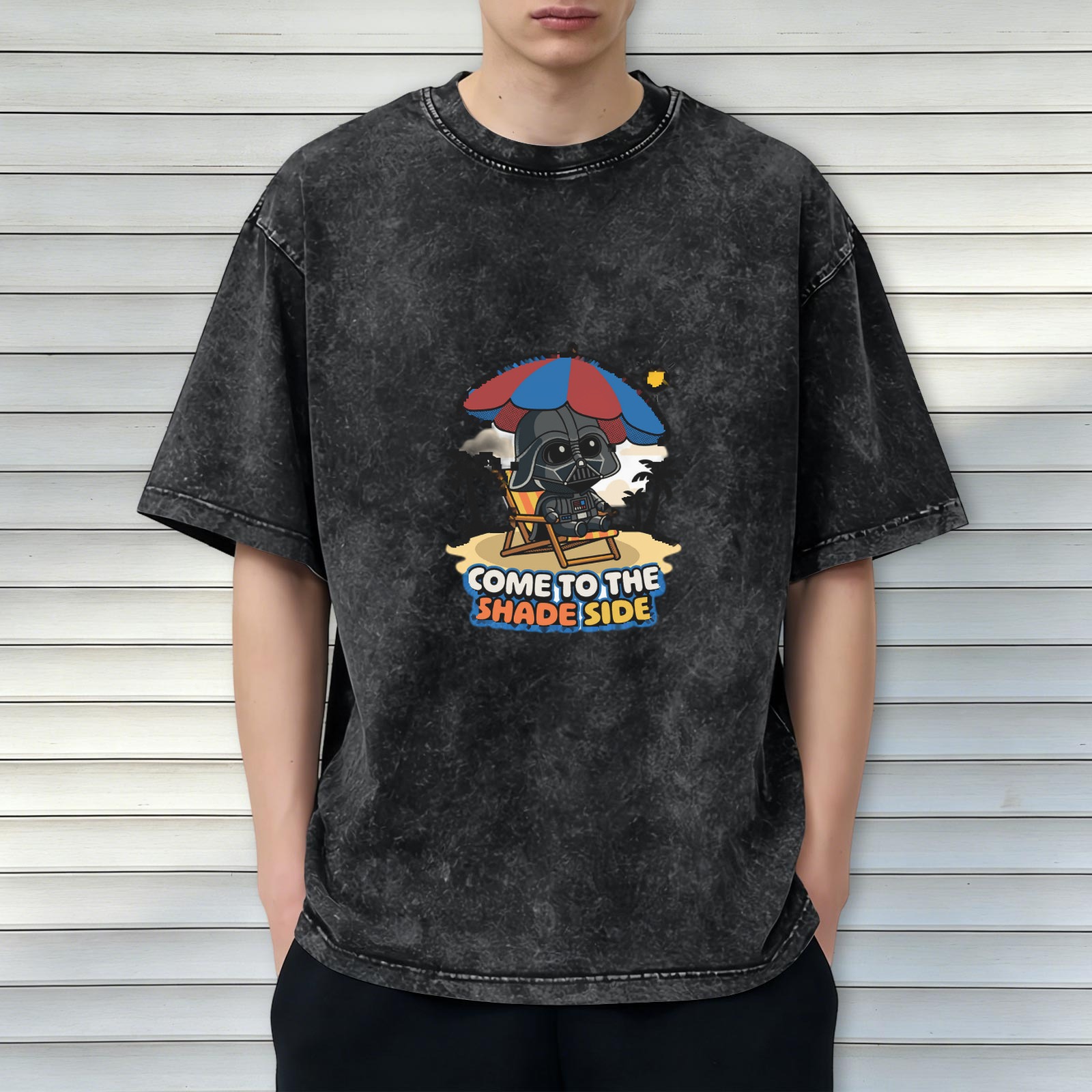 Washed Black T-Shirt with Cute Darth Vader Beach Shade Side Graphic