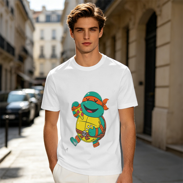 Olive T-shirt with cartoon ninja turtle holding pizza graphic