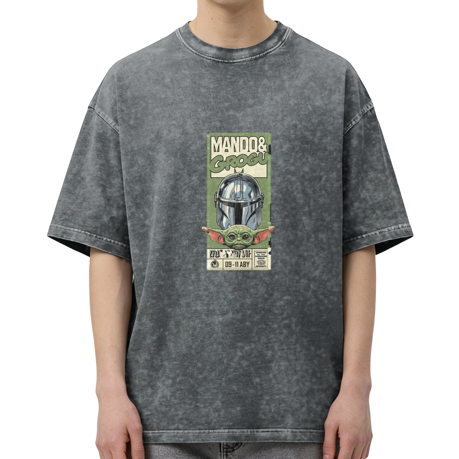 Mandalorian and Grogu Graphic Black Acid Wash T-Shirt