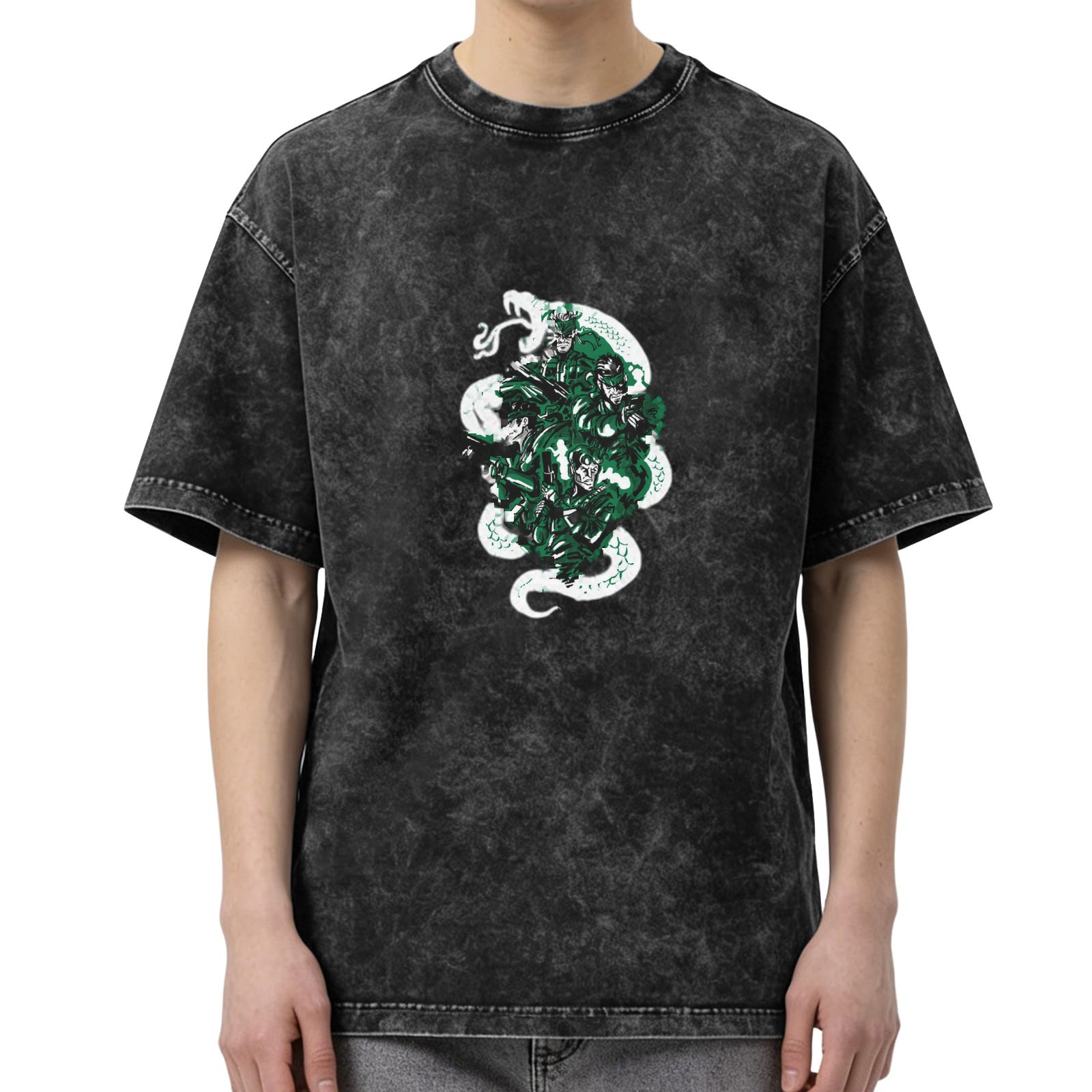 Oversized Acid Wash T-Shirt With Green Anime Character Graphic