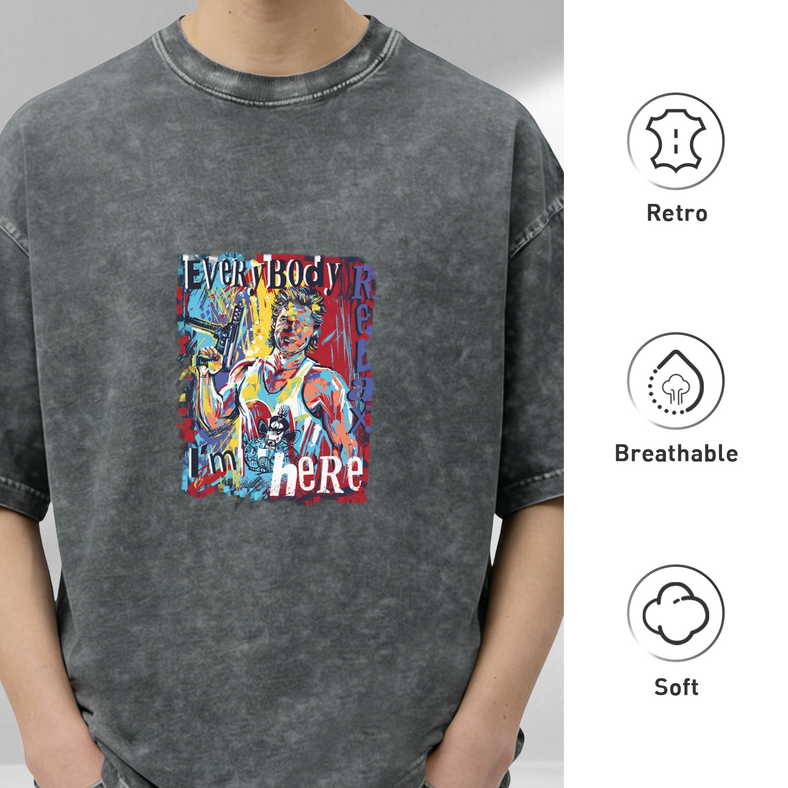 Washed Black Graphic T-Shirt with Everybody Relax I'm Here Art Print