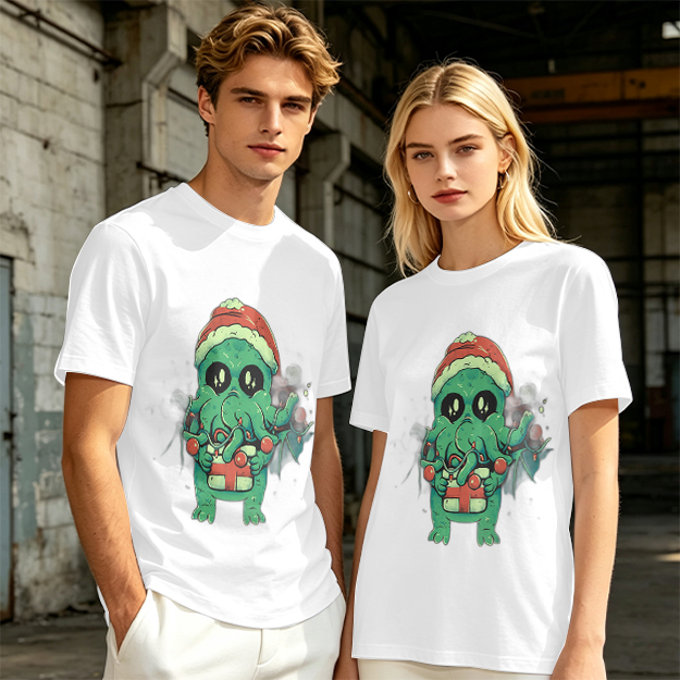 Olive Green T-Shirt With Cute Christmas Cthulhu Graphic