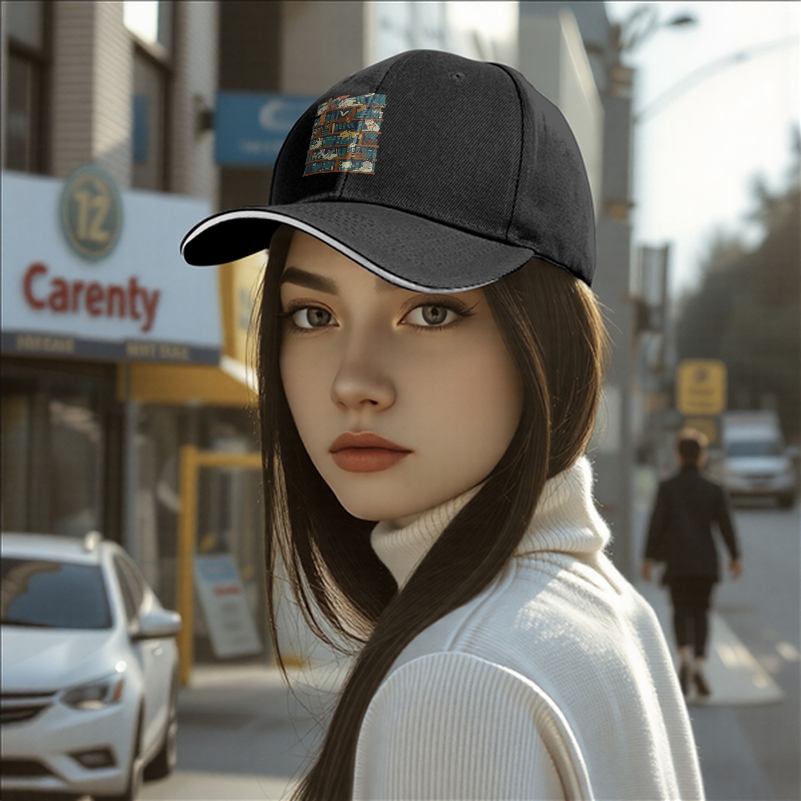 Black Baseball Cap With Playful Cats On Bookshelf Graphic