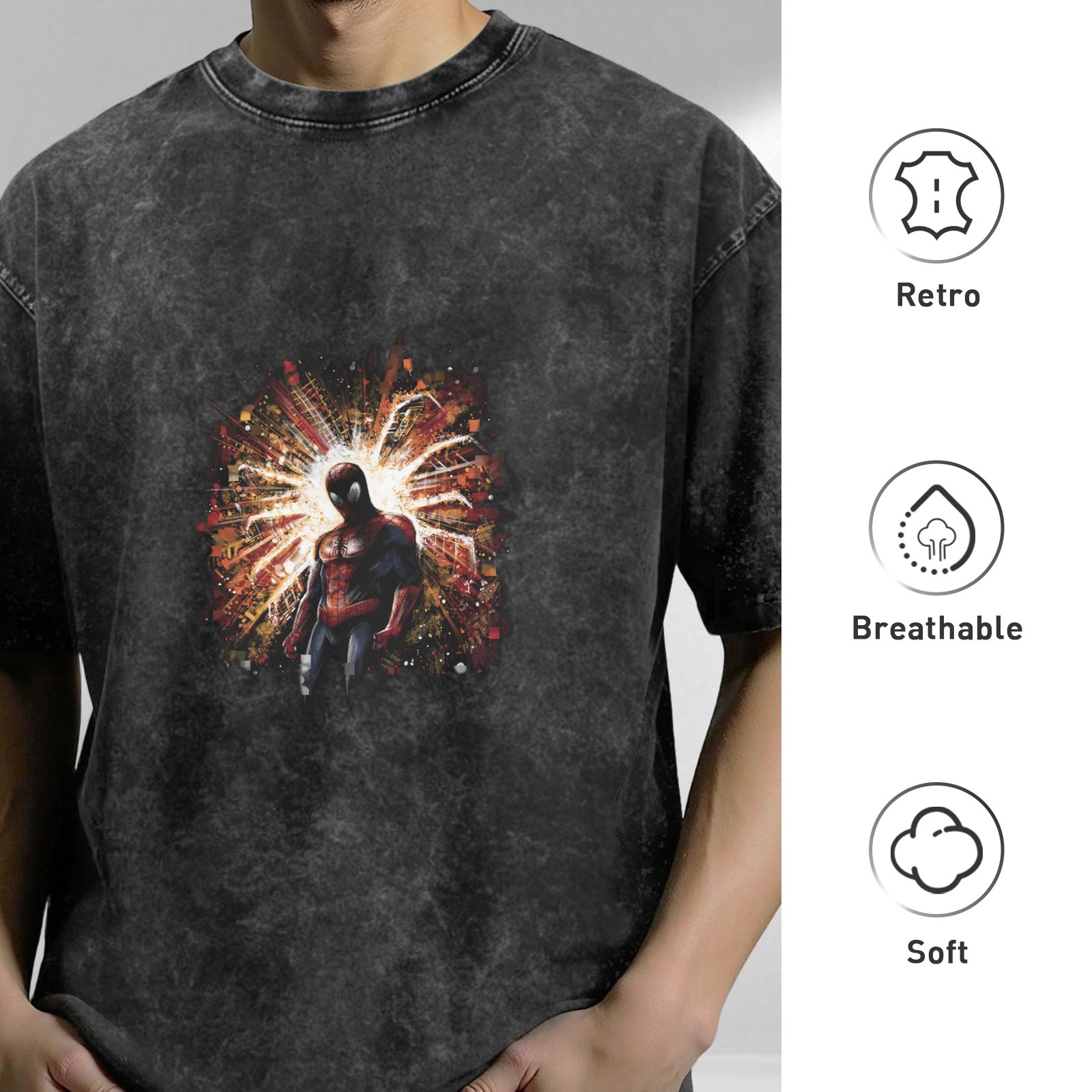 Oversized Acid Wash T-Shirt with Spider-Man Explosion Graphic