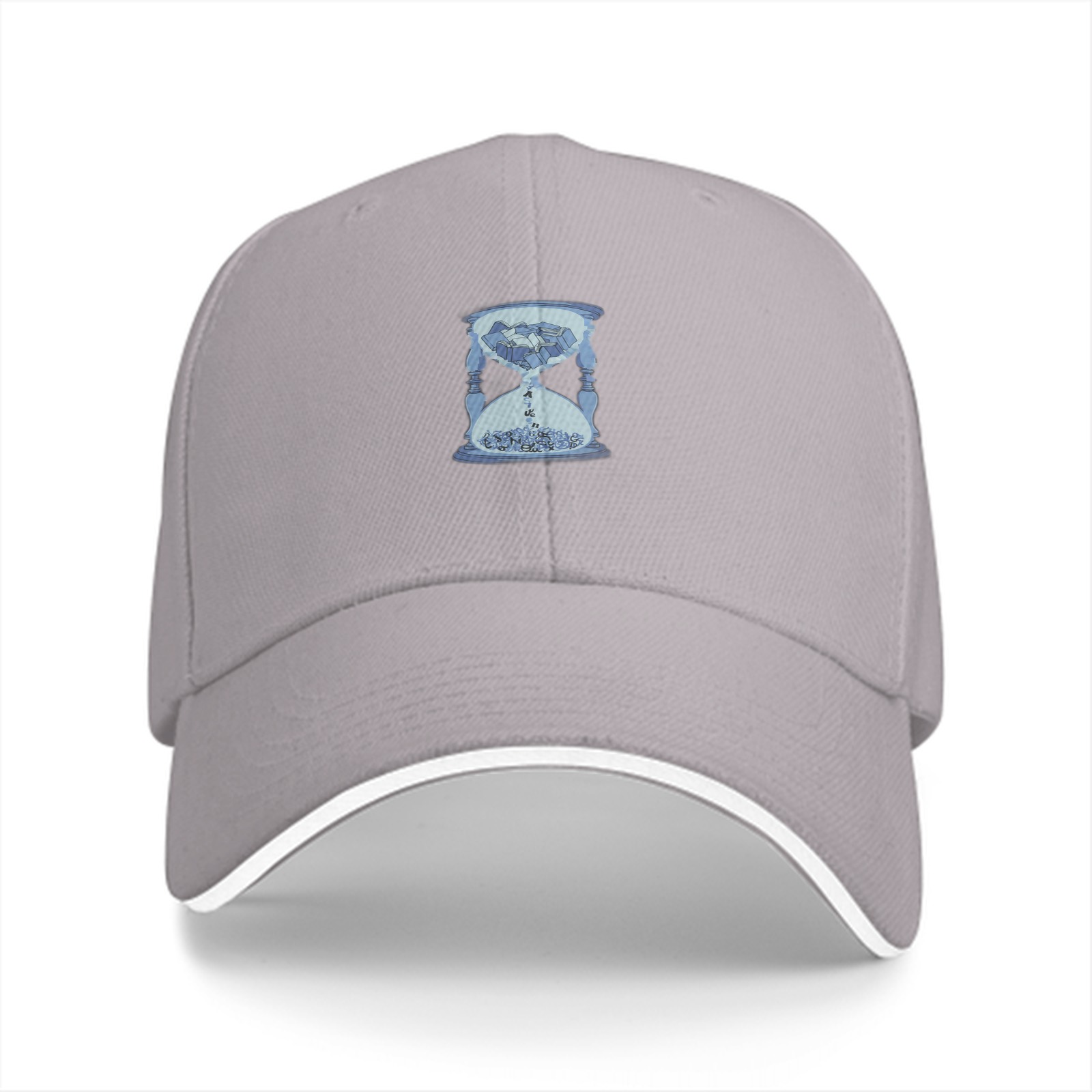 Black baseball cap with light blue hourglass graphic design