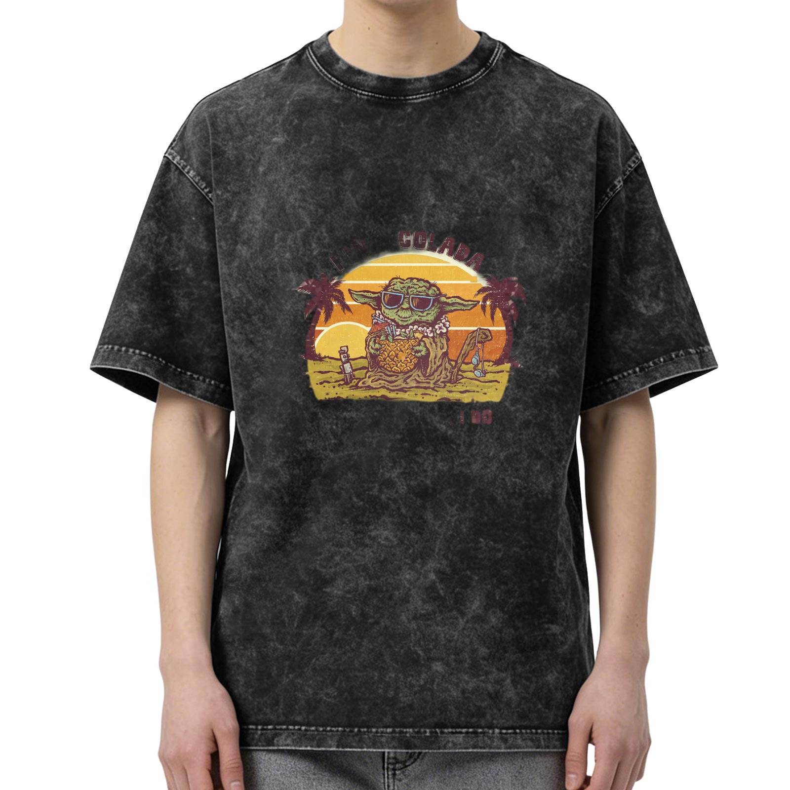 Washed black t-shirt with tropical Yoda sunset graphic