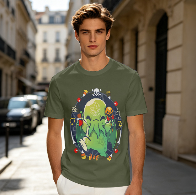 Olive T-Shirt With Cute Halloween Cthulhu Graphic Print