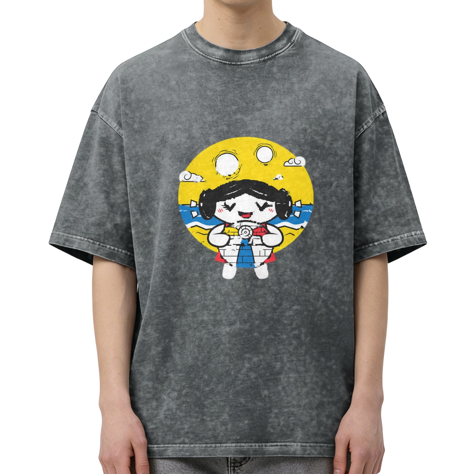 Washed Black T-Shirt With Cute Beach Girl Graphic Print