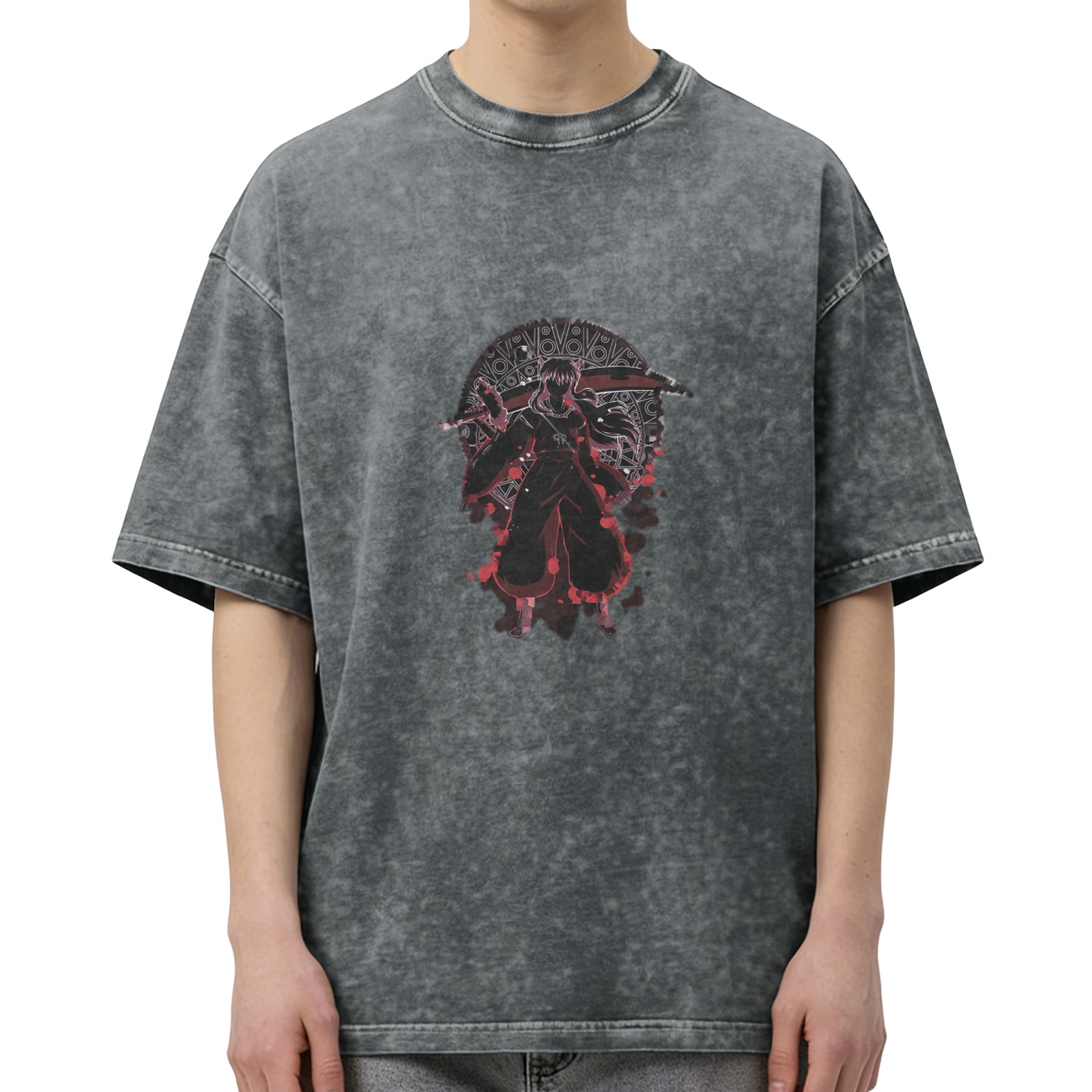 Distressed black loose-fitting anime swordsman print short-sleeved T-shirt