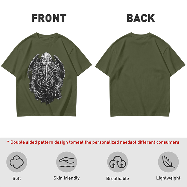 Olive Green T-Shirt with Cthulhu Monster Graphic Print