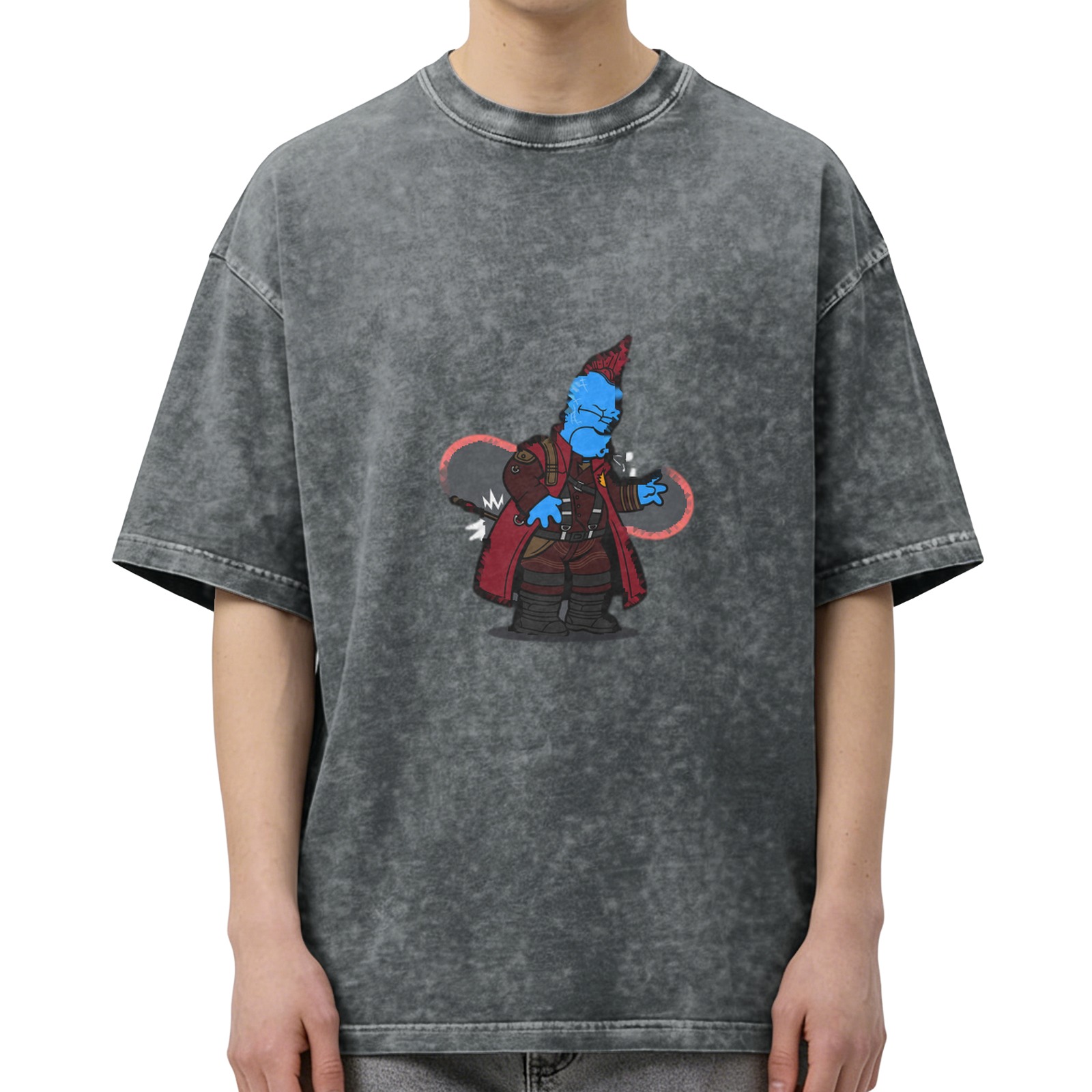 oversized acid wash t-shirt with yondu simpsons style graphic