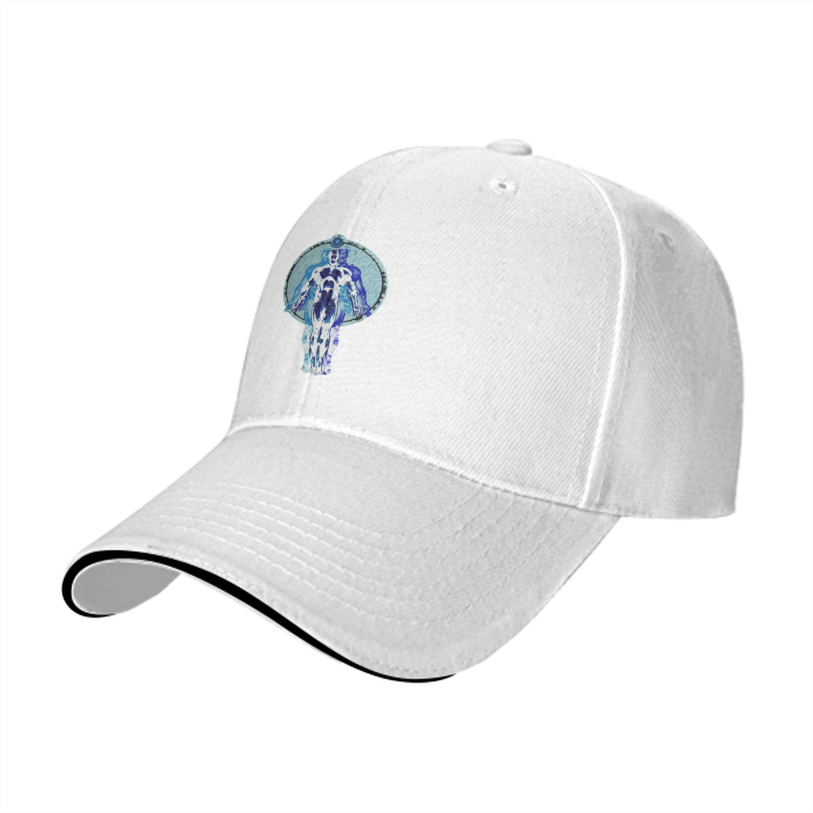 Black baseball cap with blue humanoid figure graphic