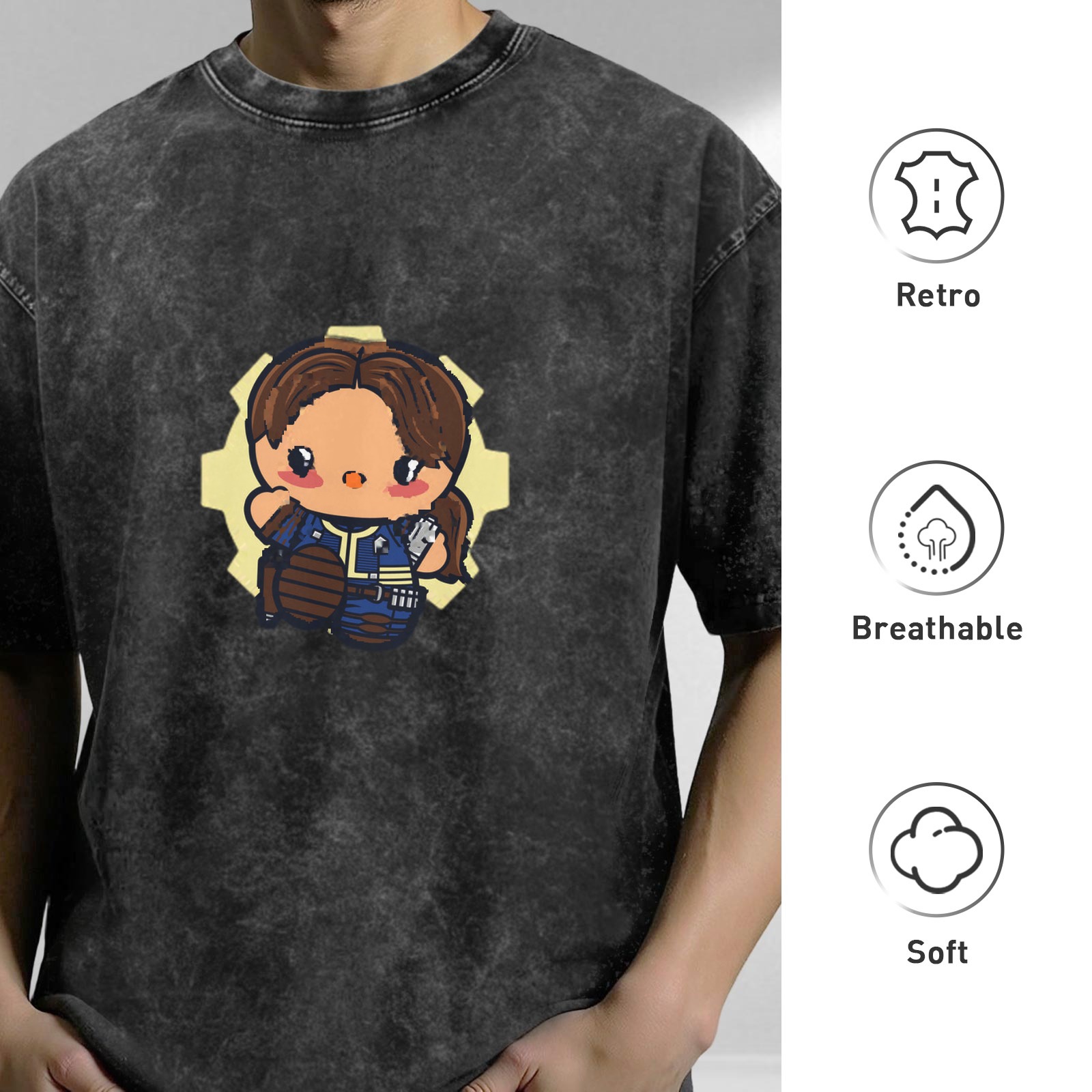 Washed Black T-Shirt with Cute Vault Dweller Chibi Graphic