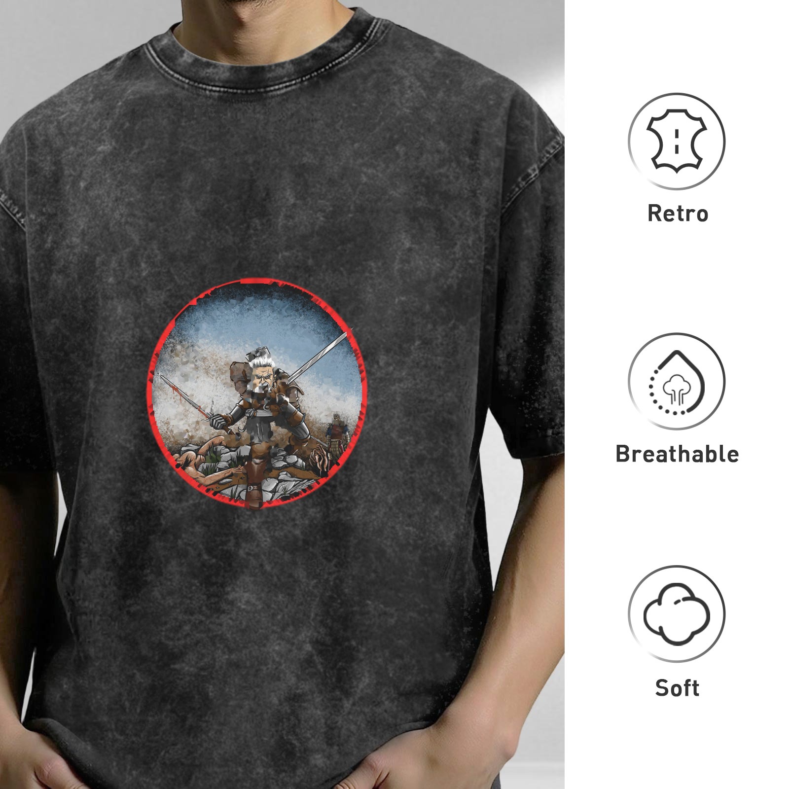 Oversized dark washed t-shirt with warrior in red circle graphic