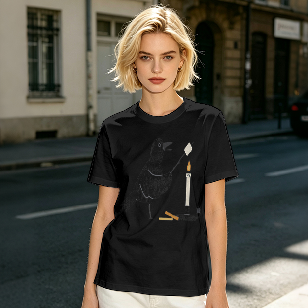 Olive T-Shirt With Crow Roasting Marshmallow Over Candle Print