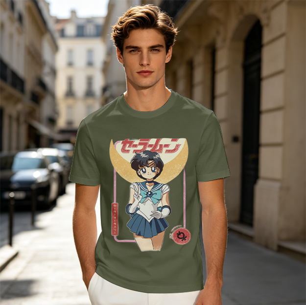 Olive T-shirt with Sailor Mercury anime graphic print