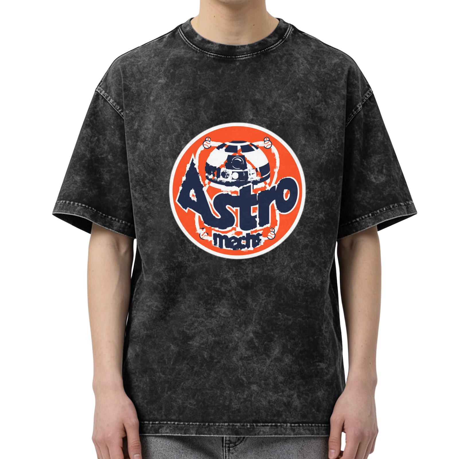 Distressed washed black round neck short-sleeved T-shirt Retro Astro themed printed casual top