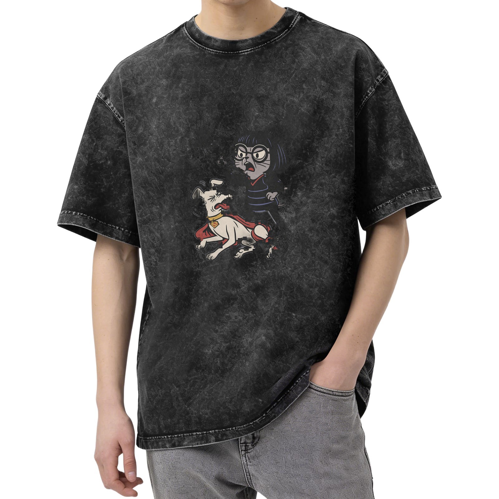 Washed Black T-Shirt With Cartoon Cat and Dog Graphic