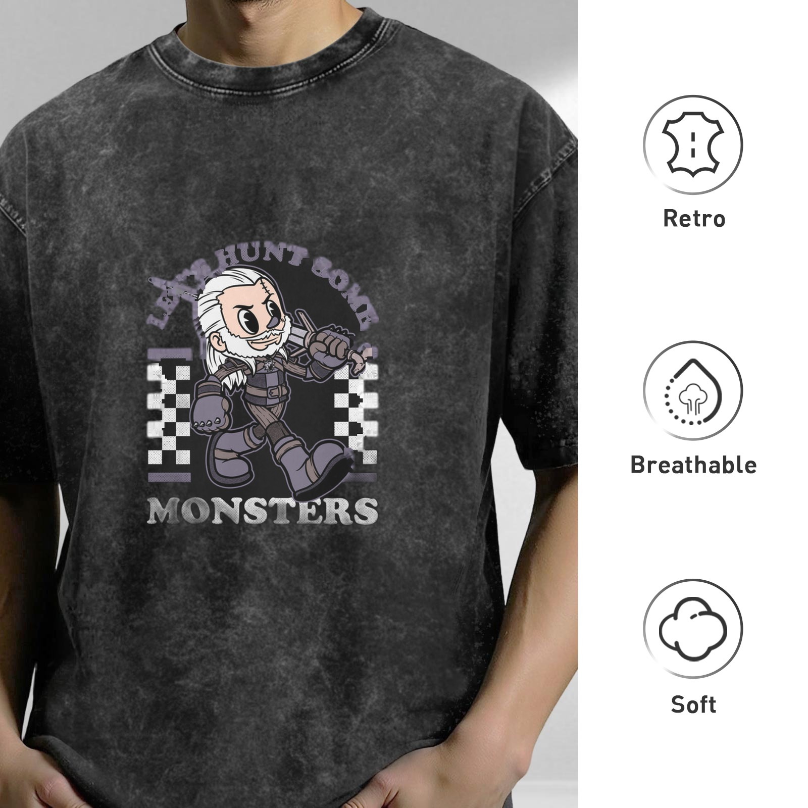 Witcher monster hunt cartoon graphic acid wash t-shirt