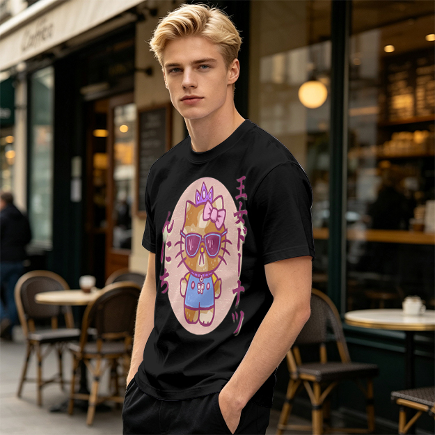 Olive T-Shirt with Cool Princess Cat Graphic Print