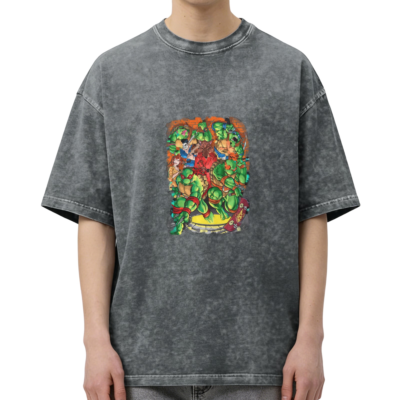 Washed Black Oversized T-Shirt with Teenage Mutant Ninja Turtles Graphic