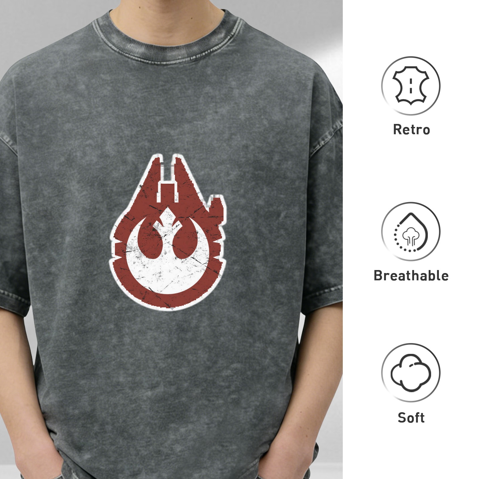 Star Wars Rebel Millennium Falcon Distressed Black Acid Wash T-Shirt
