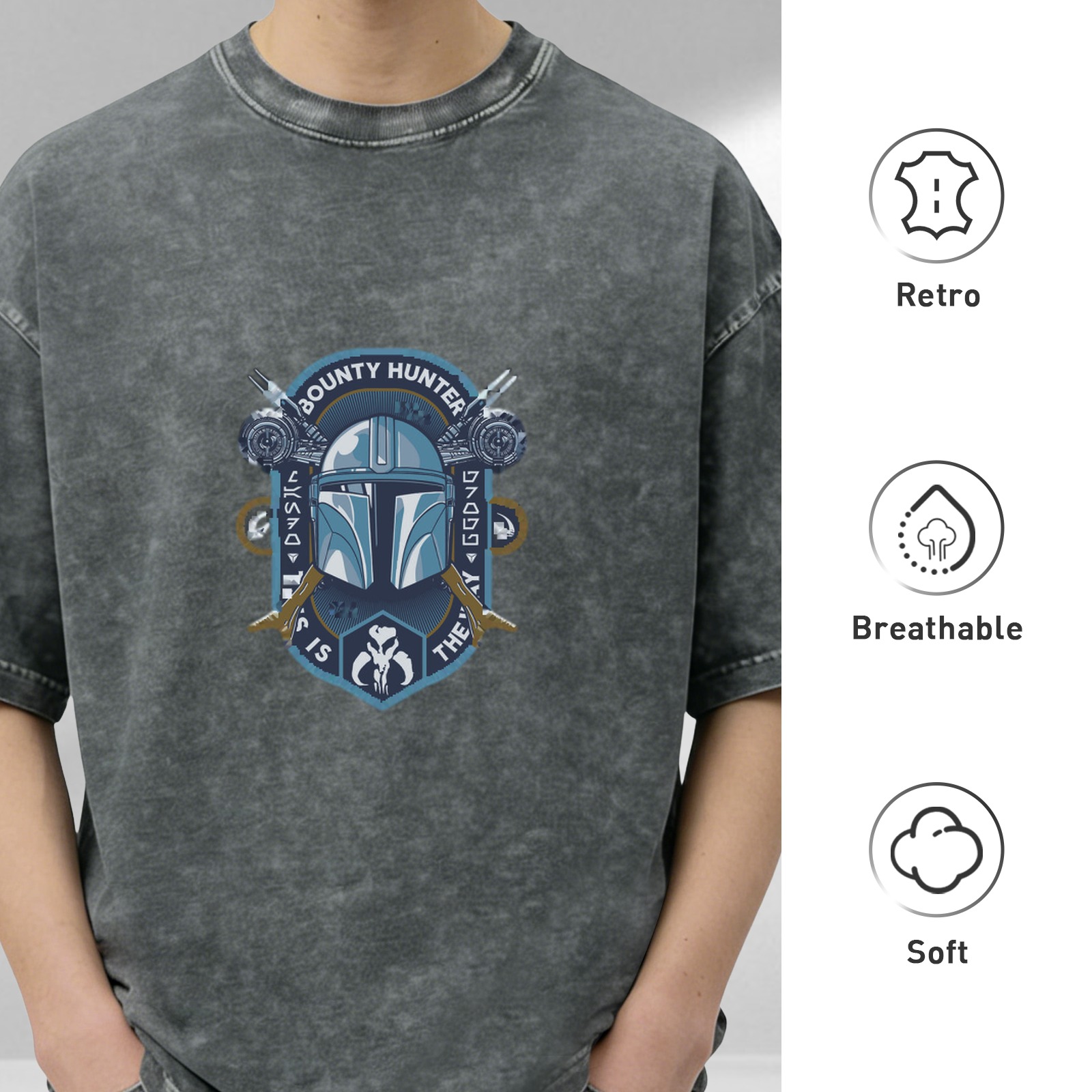 Washed Black T-Shirt With Mandalorian Bounty Hunter Crest Print
