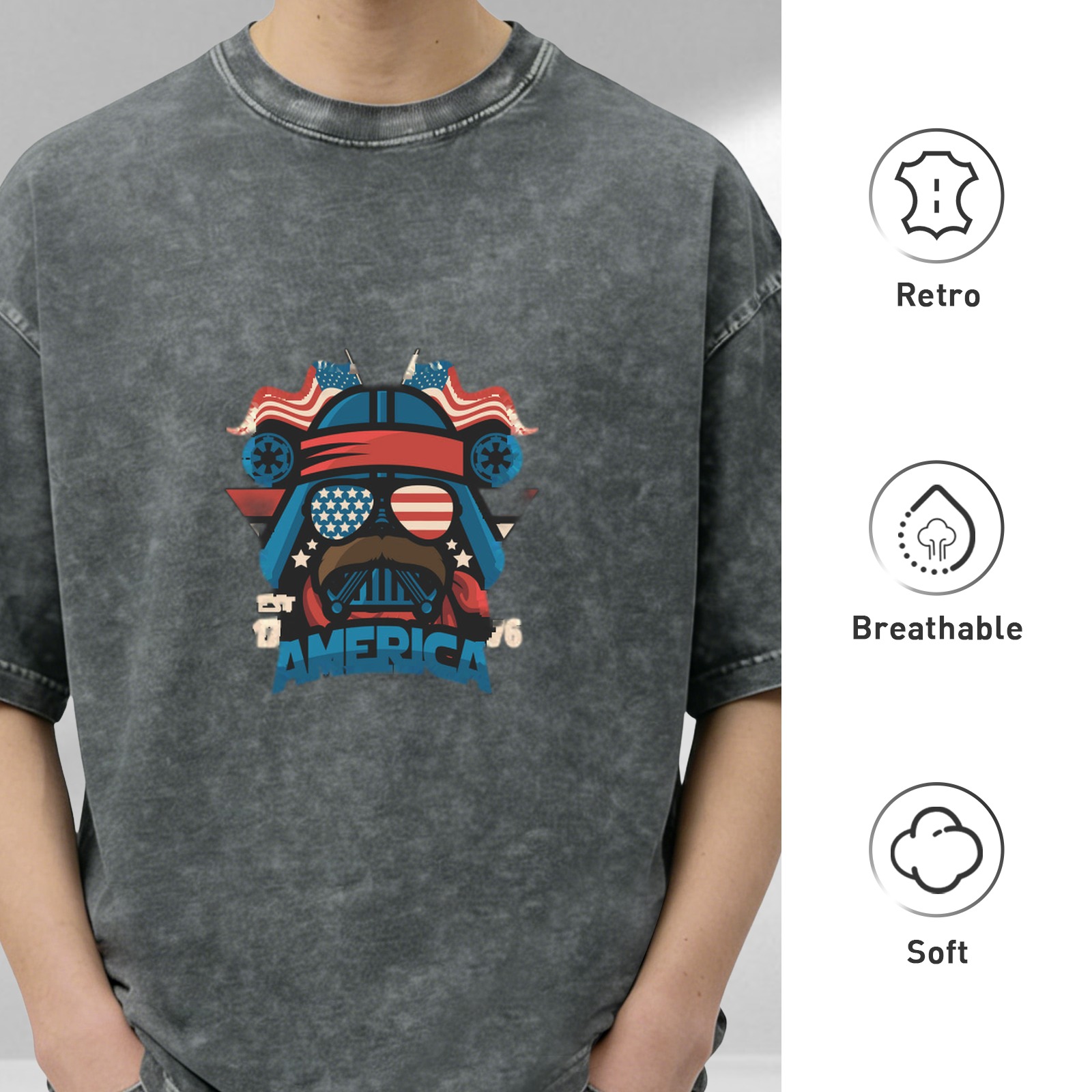 Oversized Vintage Wash T-Shirt with Patriotic Darth Vader Graphic Design