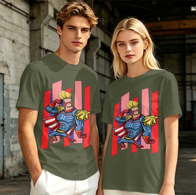Olive T-Shirt With Cartoon Superhero Character Graphic Print