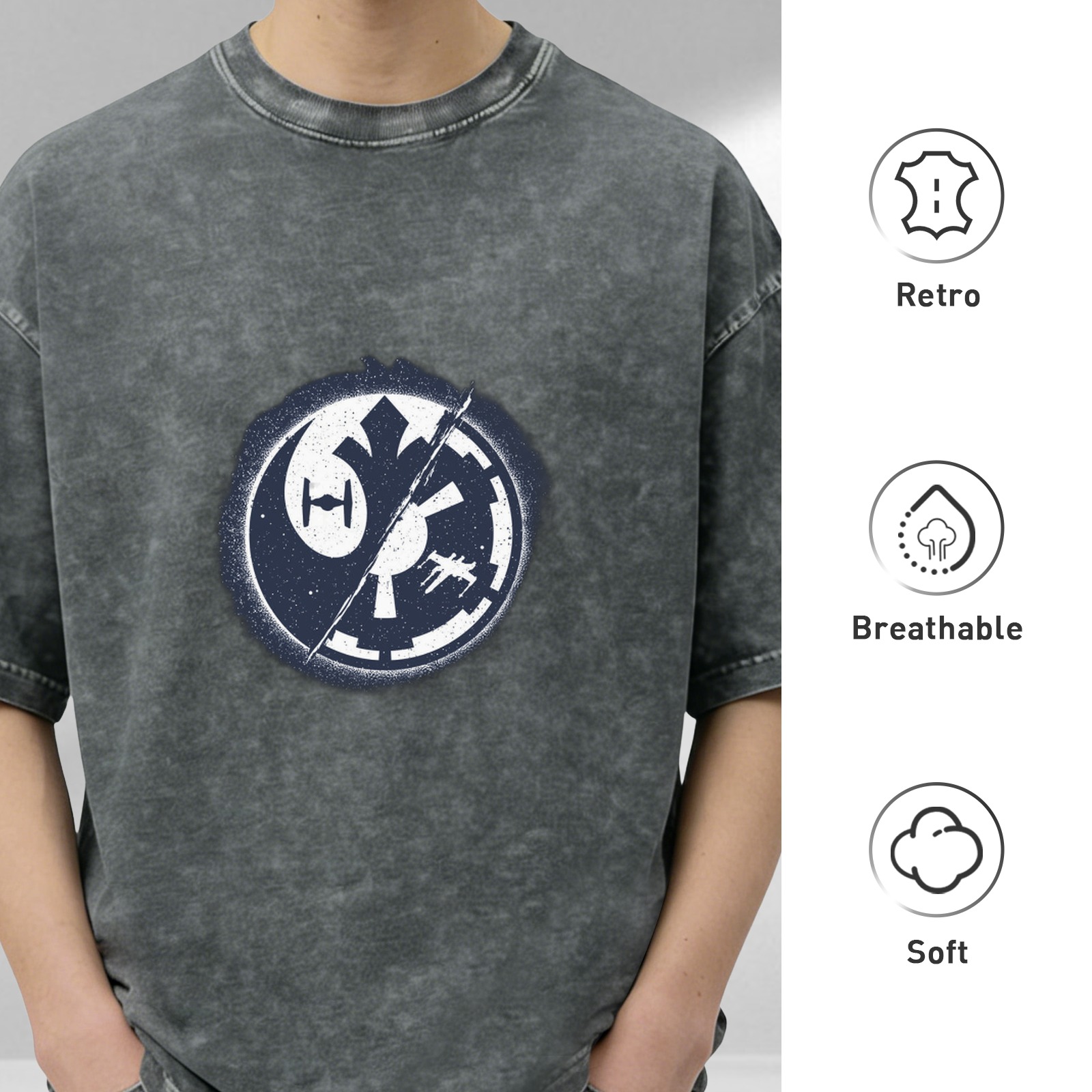 Star Wars themed acid wash short-sleeve T-shirt with Rebel and Imperial faction emblem graphic design
