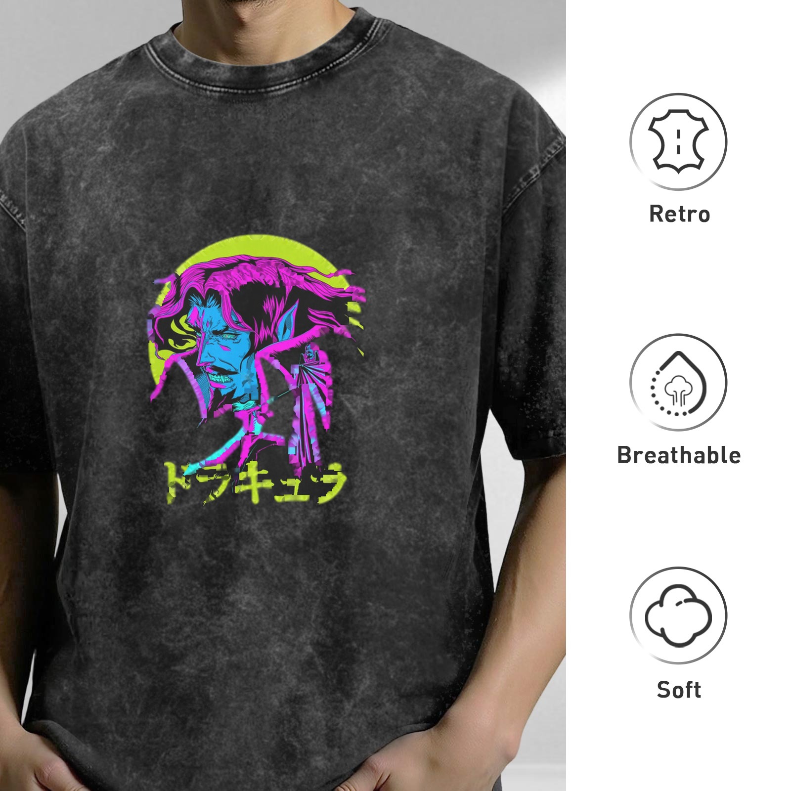 Distressed washed black loose short-sleeved T-shirt anime vampire Dracula neon style print Japanese Japanese design trendy brand top