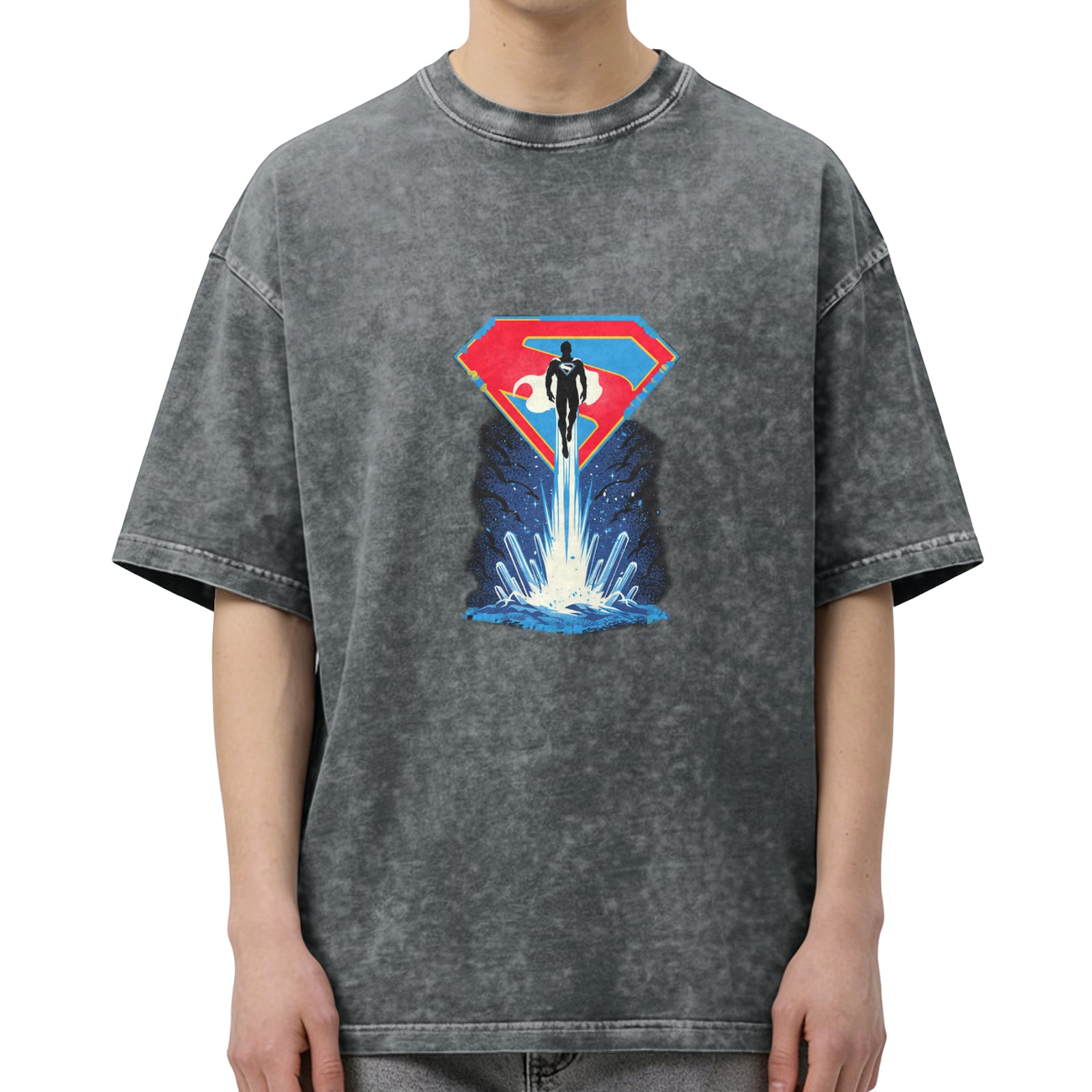 Washed Black T-Shirt with Superman Flying From Water Graphic