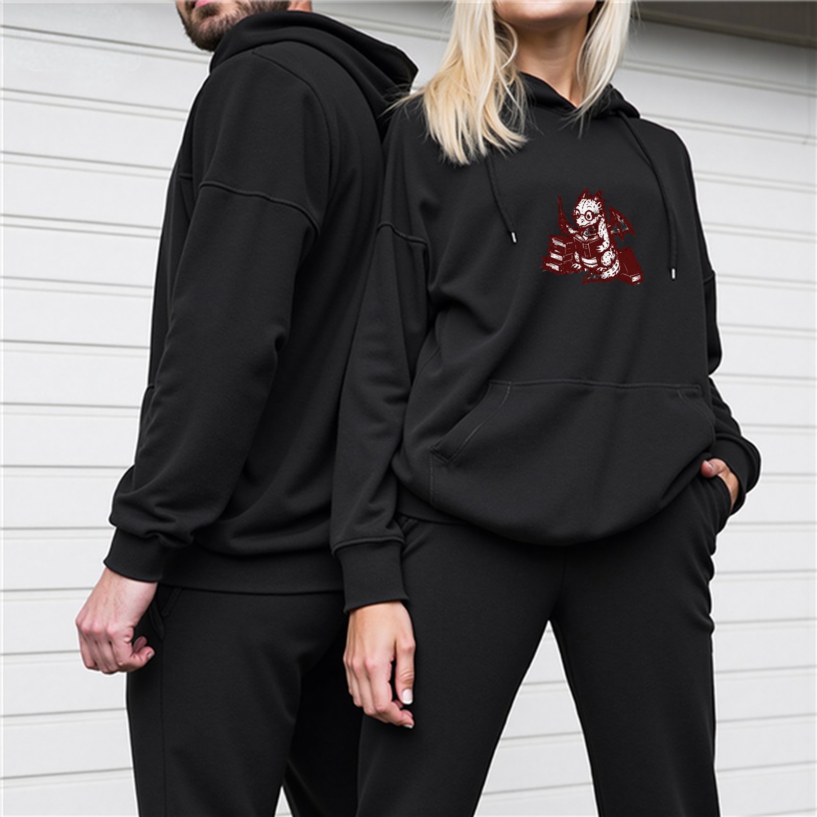 Black Hoodie With Red Cartoon Monster Graphic Print