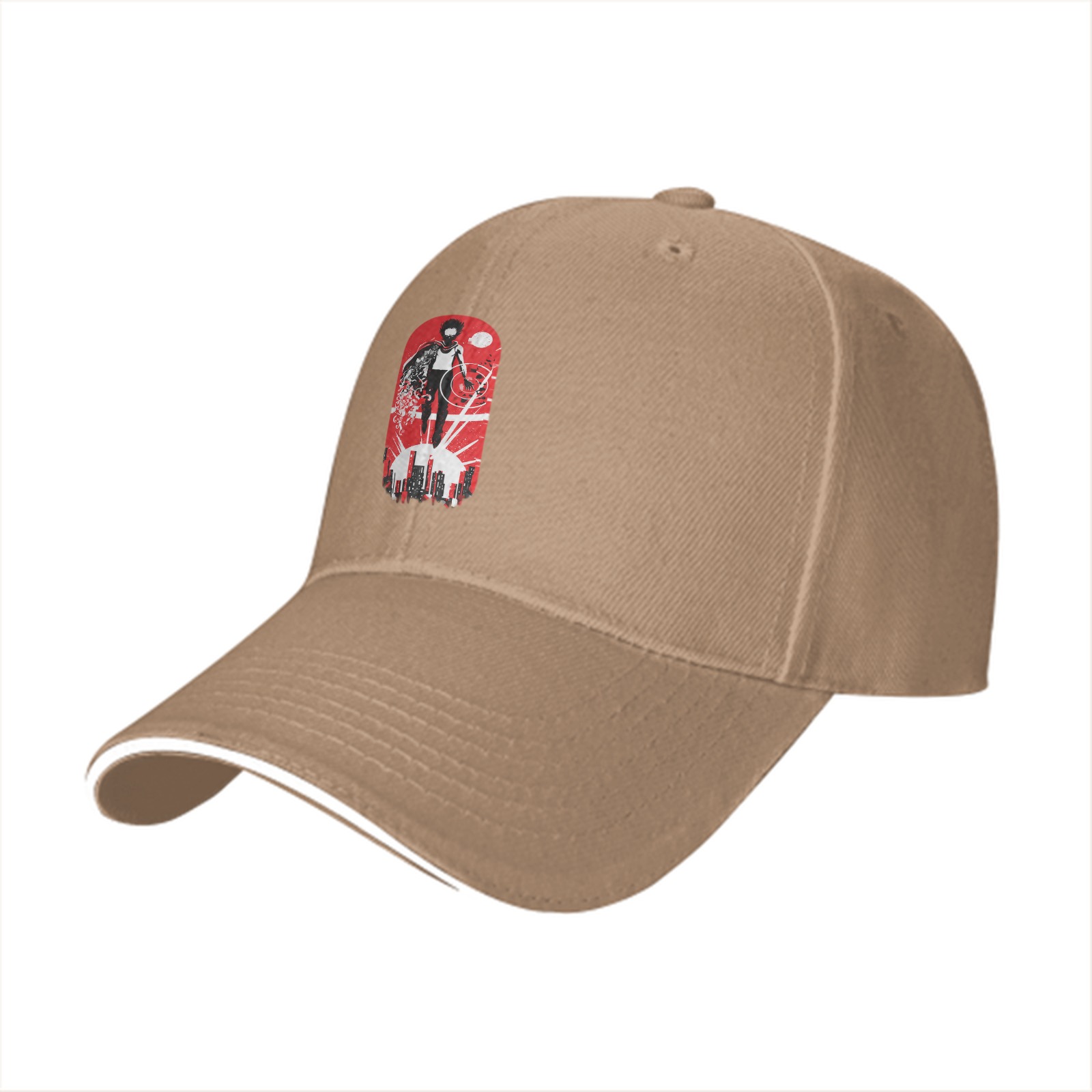 Black Baseball Cap with Superhero Cityscape Graphic Print