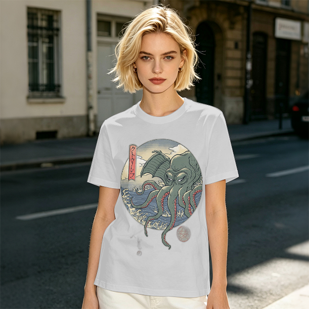 Olive T-shirt with Ukiyo-e Style Cthulhu Octopus Print