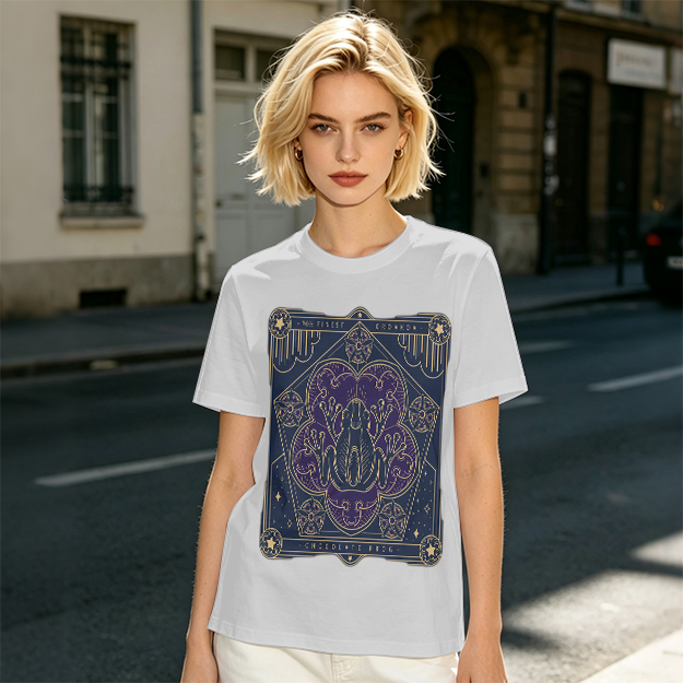 Olive T-Shirt with Mystical Frog Tarot-Style Graphic Print
