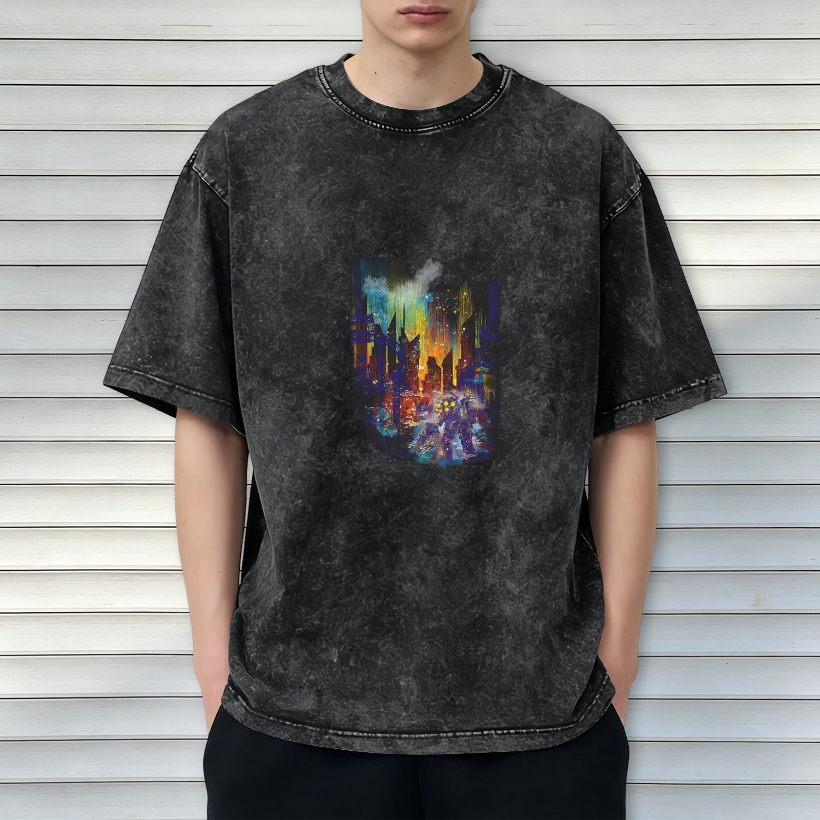 Men's distressed washed black loose short-sleeved T-shirt city night graffiti printed casual top