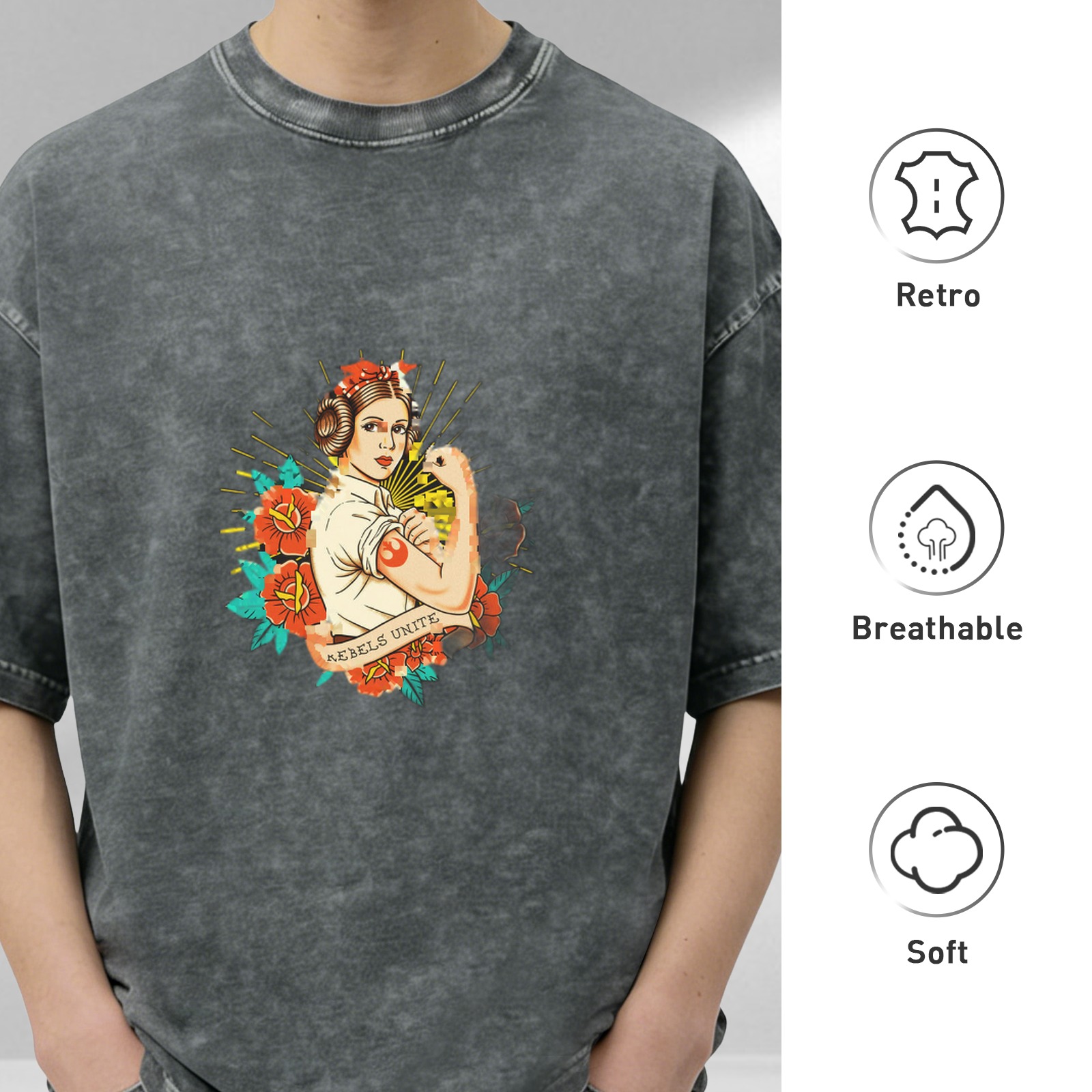 Star Wars Princess Leia Rebels Unite Graphic Acid Wash T-Shirt